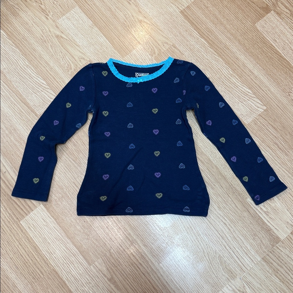 OshKosh B’gosh Girls 5 Navy Blue Heart Print Thermal Long Sleeve Cotton Top